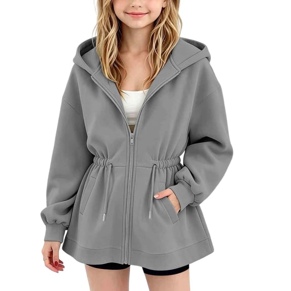 Mifsaly Kids Girls Zip Up Hooded Jacket Cinched Waist Drawstring Oversized Hoodie Coat with Pockets Kids Casual Long Sleeve Lightweight Hoodie Outerwear