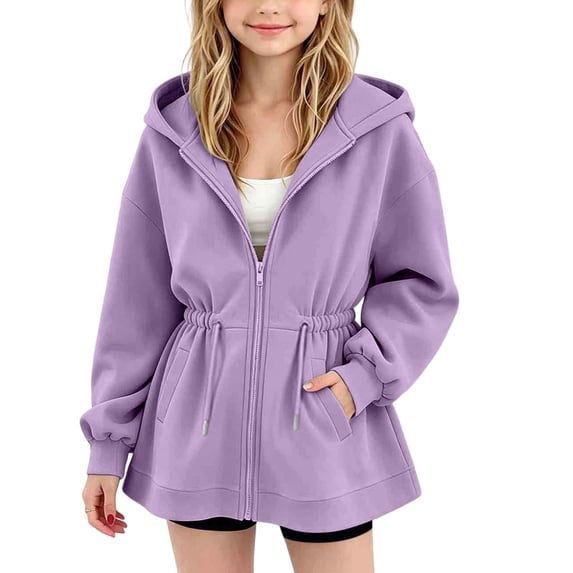 Mifsaly Kids Girls Zip Up Hooded Jacket Cinched Waist Drawstring Oversized Hoodie Coat with Pockets Kids Casual Long Sleeve Lightweight Hoodie Outerwear