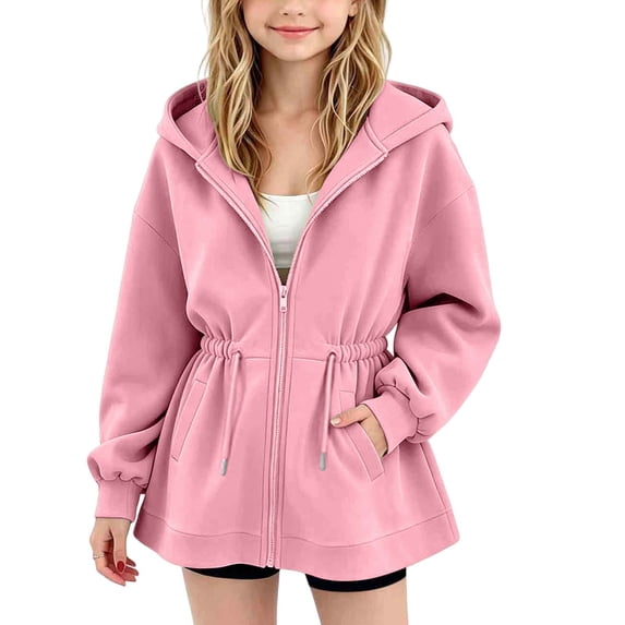 Mifsaly Kids Girls Zip Up Hooded Jacket Cinched Waist Drawstring Oversized Hoodie Coat with Pockets Kids Casual Long Sleeve Lightweight Hoodie Outerwear
