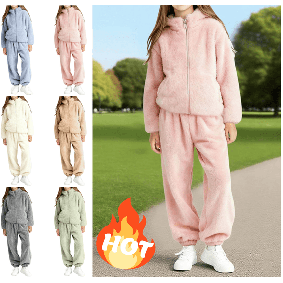Mifsaly Kids Matching Sweatsuits Fuzzy Fleece Warm Tracksuit 2 Piece Thermal Zip Up Winter Jacket Teen Soft Cozy Athletic Joggers with Pockets Unisex Tween Thermal Matching Outfits