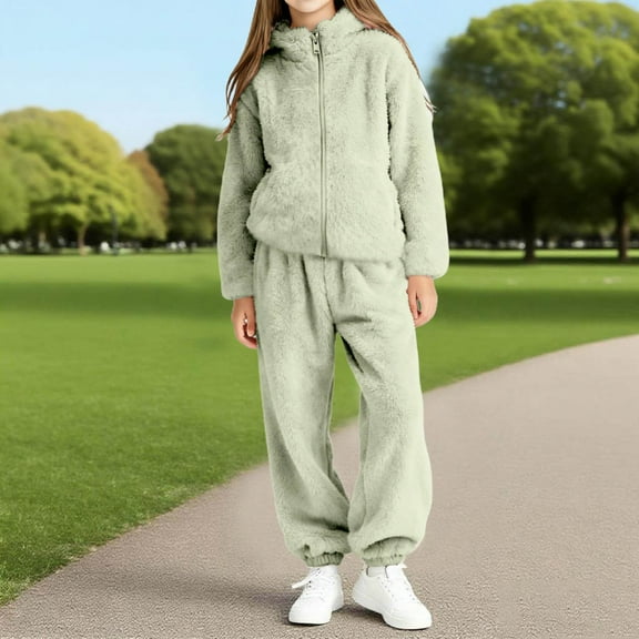Mifsaly Kids Matching Sweatsuits Fuzzy Fleece Warm Tracksuit 2 Piece Thermal Zip Up Winter Jacket Teen Soft Cozy Athletic Joggers with Pockets Unisex Tween Thermal Matching Outfits