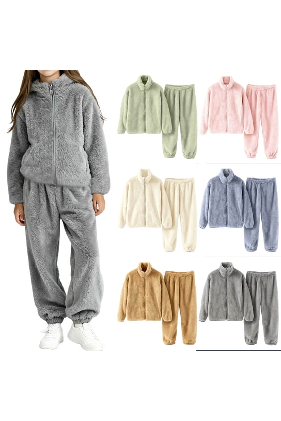Kids Matching Sweatsuits Fuzzy Fleece Warm Tracksuit 2 Piece Thermal Zip Up Winter Jacket Teen Soft Cozy Athletic Joggers with Pockets Unisex Tween Thermal Matching Outfits