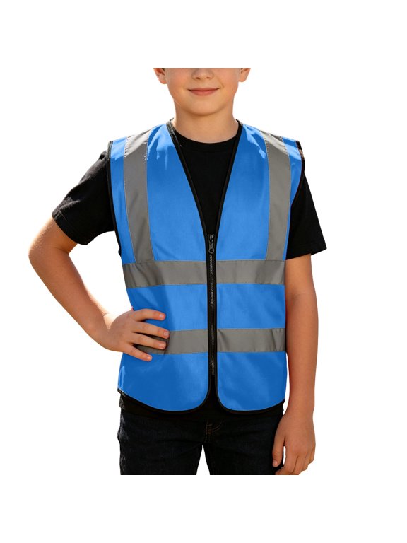 Kids Safety Vest Boys Girls V Neck High Visibility Zip Up Sleeveless Waistcoat Student Outdoor Cycling Walking Work Uniform Reflective Jackets