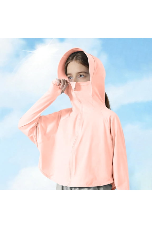 Kids Sun Protection Jackets Girls Boys Quick Dry Long Sleeve Zip Up Hoodie Lightweight Athletic Performance Outerwear Tops with Face Cover and Thumb Holes