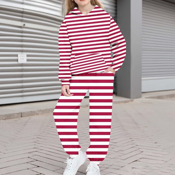 Mifsaly Kids Sweatsuit 2 Piece Girls Boys Striped Tracksuit Set Spring Fall Oversized Hoodie Tween Pullover Hooded Sweatshirt Casual Baggy Athletic Pant Joggers with Pockets Unisex Teen Loungewear