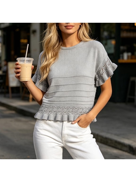 Knit Tops for Women Flutter Sleeve Crew Neck Textured Pullover Shirts Elegant Ruffle Hem Work Office Party Casual Summer Blouses Gray,L