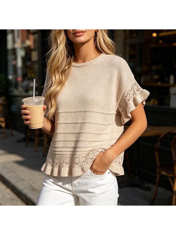 Knit Tops for Women Flutter Sleeve Crew Neck Textured Pullover Shirts Elegant Ruffle Hem Work Office Party Casual Summer Blouses Khaki,M