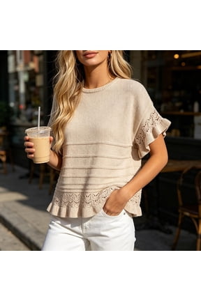 Knit Tops for Women Flutter Sleeve Crew Neck Textured Pullover Shirts Elegant Ruffle Hem Work Office Party Casual Summer Blouses Khaki,S