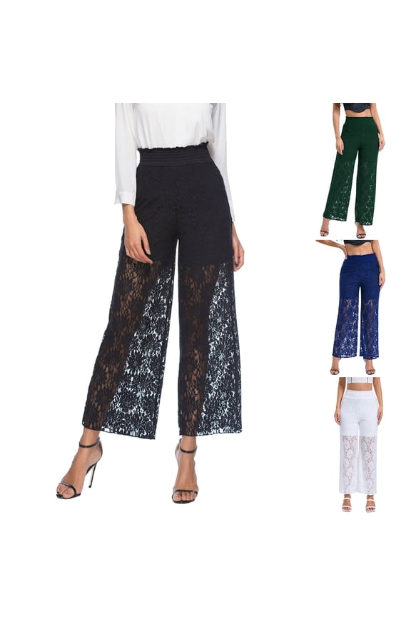Lace Coverup Pants Women See-Through Hollow Out Mesh Sheer High Waist Capri Pant Elegant formal Lounge Work Trousers M