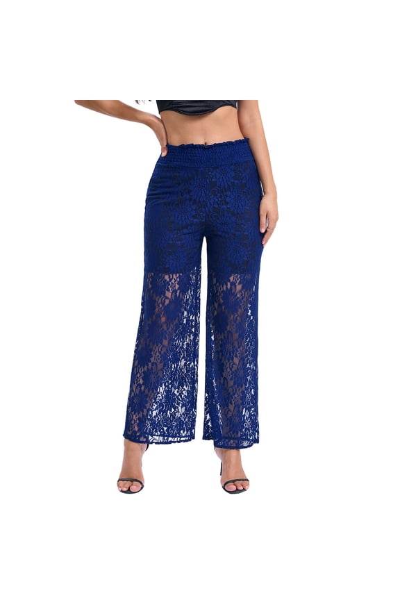 Lace Coverup Pants Women See-Through Hollow Out Mesh Sheer High Waist Capri Pant Elegant formal Lounge Work Trousers XL