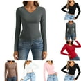 thumbnail image 1 of Mifsaly Layering Tops for Women V-Neck Long Sleeve Slim Fit Crop Top Business Travel Stretchy Basic Tight-Fitted Blouse Fall Winter Thermal Undershirts Dark Gray, 1 of 8
