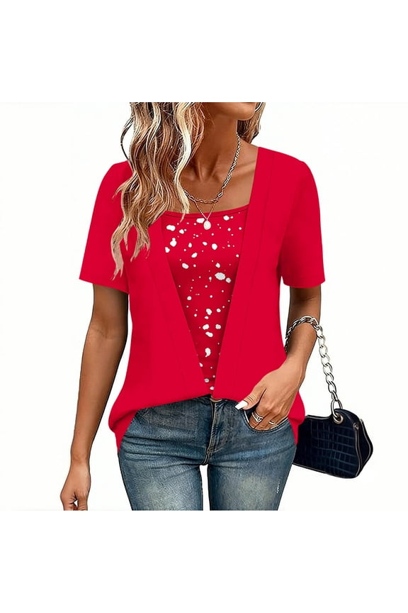 Leopard Print Summer Tops for Women Short Sleeve Cotton Top Patchwork Business Casual Work Blouses Everyday Street Vacation Fashion Basic Tee L