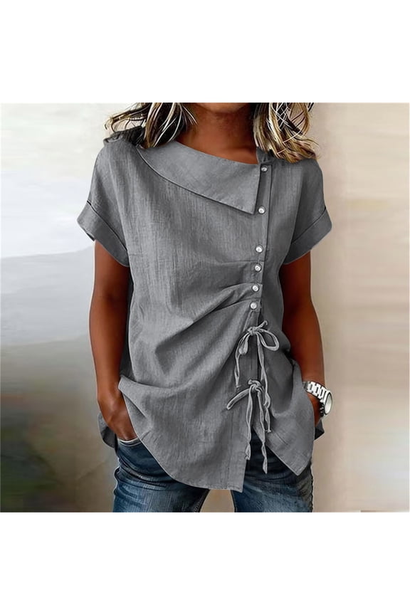 Lightweight Linen Blouses for Women Asymmetric Neck Short Sleeve Summer Tops Side Drawstring Ruched Tunic Shirts 2026 Gray,XXL