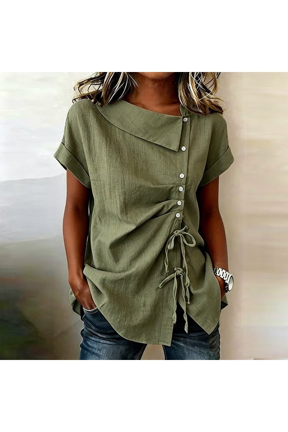 Lightweight Linen Blouses for Women Asymmetric Neck Short Sleeve Summer Tops Side Drawstring Ruched Tunic Shirts 2026 Green,XXL