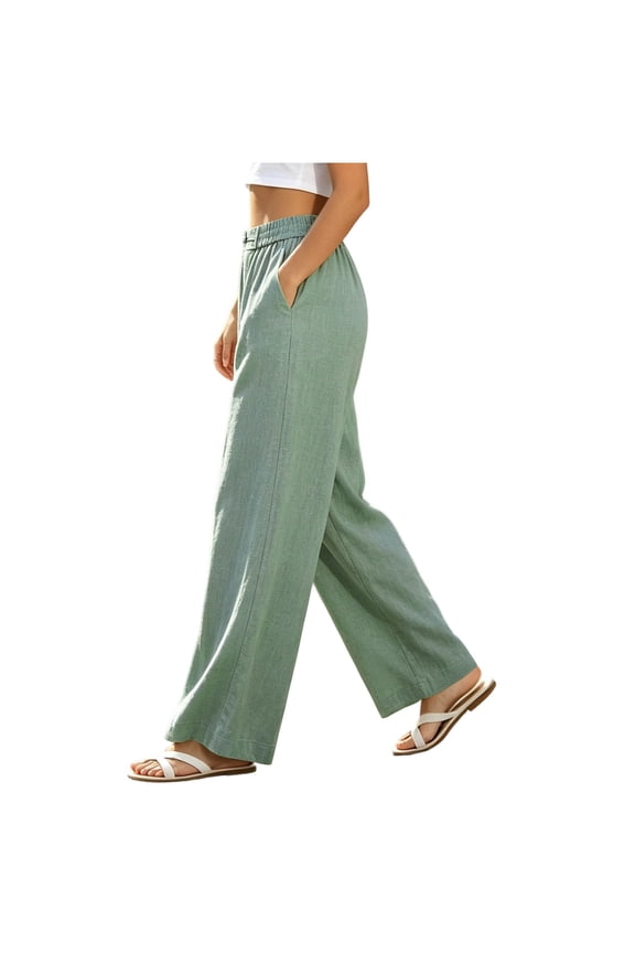 Lightweight Summer Pants Women High Waisted Wide Leg Flowy Linen Pant with Pockets Comfortable Relaxed Fit Work Travel Office Casual Clothes Army Green,M