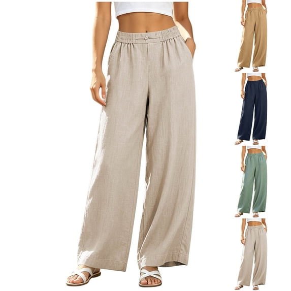 Mifsaly Lightweight Summer Pants Women High Waisted Wide Leg Flowy Linen Pant with Pockets Comfortable Relaxed Fit Work Travel Office Casual Clothes Khaki,M