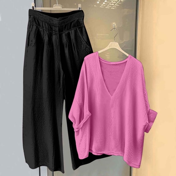 Mifsaly Linen 2 Piece Set for Women Flowy V-Neck Top Oversized Wide Leg Pants Lightweight Breathable Vacation Loungewear 2026 Summer Matching Outfits L