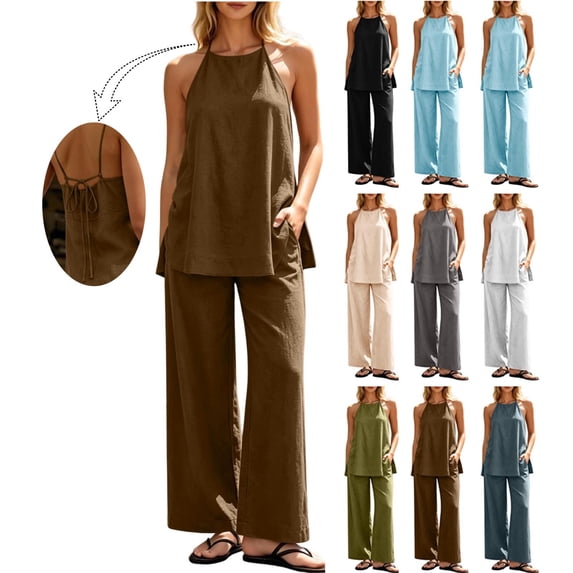 Mifsaly Linen 2 Piece Set for Women Halter Neck Sleeveless Top and Loose Wide Leg Long Pants with Pockets Flowy Comfortable Travel Vacation Matching Lounge Outfits Brown,L