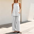 thumbnail image 1 of Mifsaly Linen 2 Piece Set for Women Halter Neck Sleeveless Top and Loose Wide Leg Long Pants with Pockets Flowy Comfortable Travel Vacation Matching Lounge Outfits White,L, 1 of 7