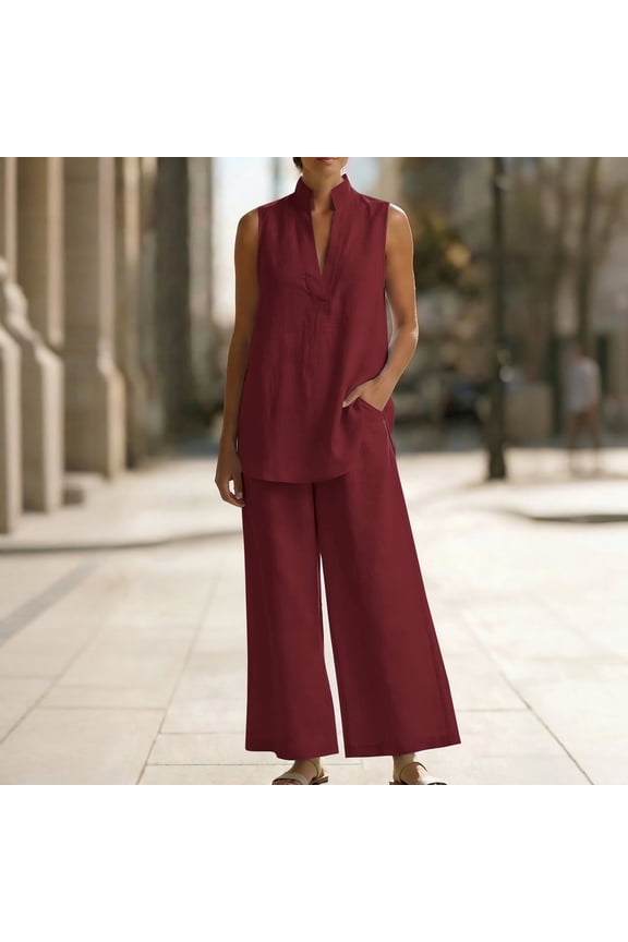 Linen 2 Piece Set for Women Sleeveless V Neck Side Split Tunic Top and Wide Leg Long Pants with Pockets Lightweight Flowy Summer Vacation Outfits Red,M