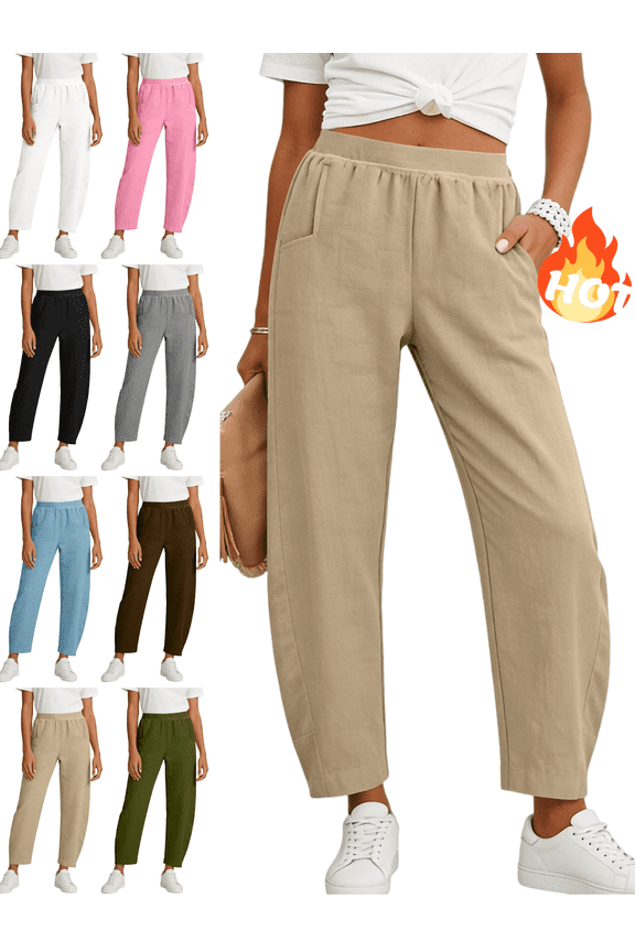 Linen Barrel Pants Women High Waisted Casual Summer Pant Lightweight Comfortable Everyday Work Lounge Trousers with Pockets Khaki,S