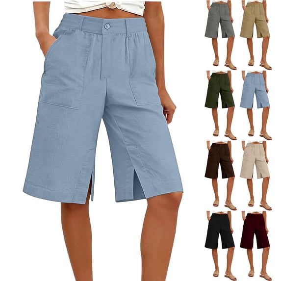 Mifsaly Linen Bermuda Shorts for Women High Waisted Summer Casual Shorts Knee Length Outdoor Travel Golf Everyday Outfits with Pockets L