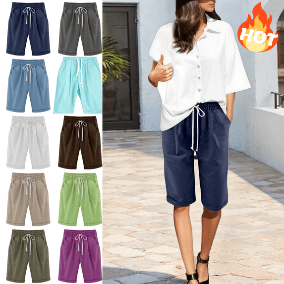 Mifsaly Linen Bermuda Shorts for Women Knee Length Summer Casual Shorts with Pockets Lightweight Loose Relaxed Fit Beach Vacation Clothes Navy,XXL