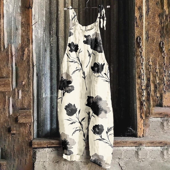 Mifsaly Linen Bib Overalls Women Wide Leg Jumpsuit Tie Strap One Piece Playsuit Casual Loose Fit Patterned Harem Pants Summer Vacation Beachwear Versatile Romper M