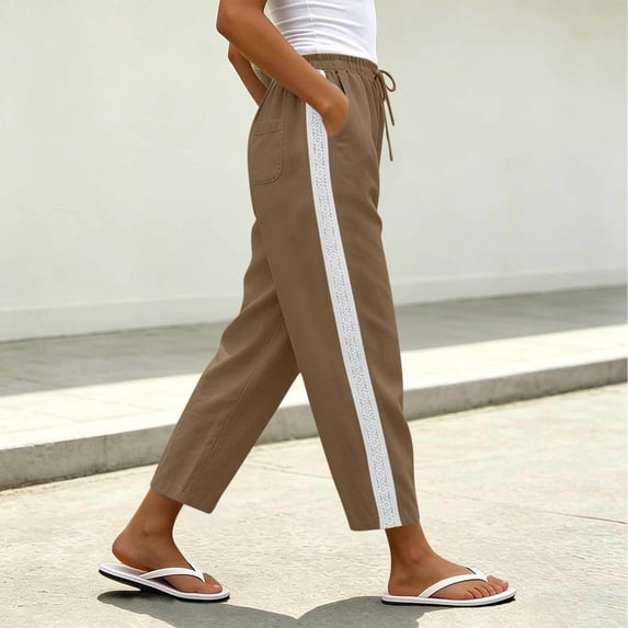 Mifsaly Linen Blend Pants for Women Side Lace Stripe High Waisted Summer Pant Lightweight Breathable Loose Casual Everyday Wear Outfits with Pockets Brown,S