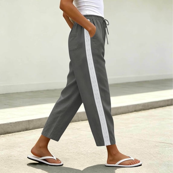 Mifsaly Linen Blend Pants for Women Side Lace Stripe High Waisted Summer Pant Lightweight Breathable Loose Casual Everyday Wear Outfits with Pockets Dark Gray,L