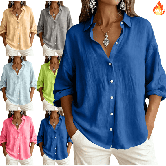 Mifsaly Linen Button Down Shirt Women Collared Long Sleeve Dressy Casual Blouses Lightweight Comfortable Office Work Spring Summer Tops L