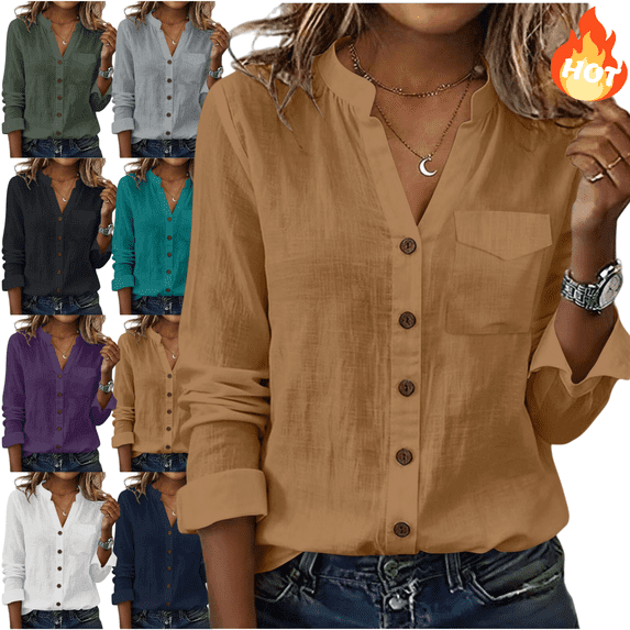 Mifsaly Linen Button Down Shirt Women V-Neck Long Sleeve Business Casual Blouses Everyday Office Work Casual Summer Tops Trendy Officewear L