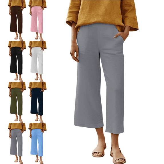 Mifsaly Linen Capri Pants for Women High Waist Wide Leg Cropped Pants Casual Lightweight Breathable Work Trousers Travel Going Out Vacation Clothes with Pockets