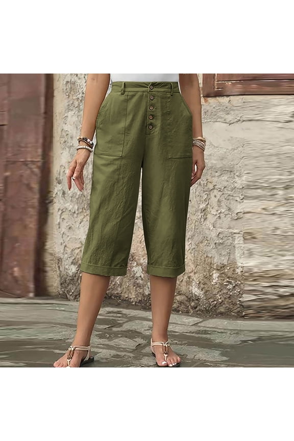 Linen Capri Pants for Women Oversized High Waisted Button Fly Capris Lightweight Utility Casual Summer Cropped Trousers with Pockets Army Green,XL