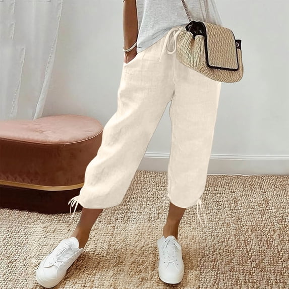 Mifsaly Linen Capri Pants for Women Summer Casual Boho Cropped Pant with Pockets Drawstring Elastic Waist Lightweight Breathable Lounge Crop Trousers XXXL