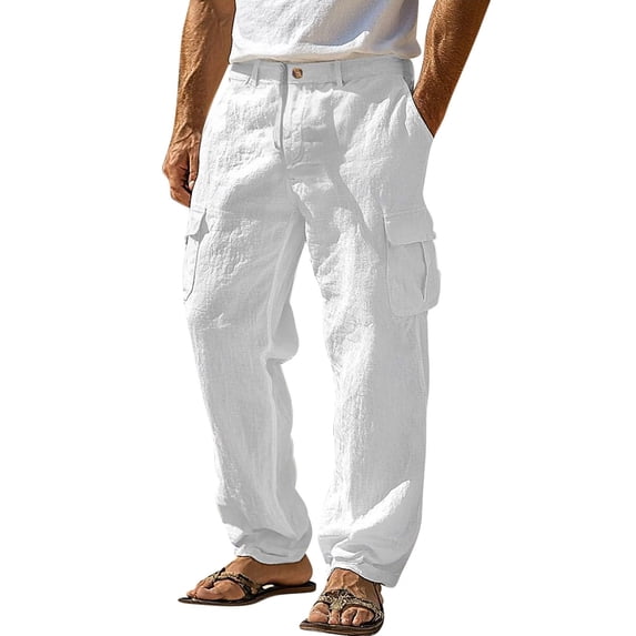 Mifsaly Linen Cargo Pants Men Baggy Wide Leg Beach Pant with Multi Pockets Loose Casual Outdoor Workwear Breathable Comfortable Vacation Work Trousers M