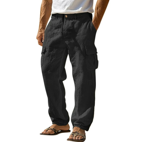 Mifsaly Linen Cargo Pants Men Baggy Wide Leg Beach Pant with Multi Pockets Loose Casual Outdoor Workwear Breathable Comfortable Vacation Work Trousers XXXL