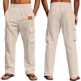 thumbnail image 1 of Mifsaly Linen Cargo Pants Men Summer Wide Leg Lightweight Summer Beach Trousers with Multi Pockets Elastic Waist Drawstring Breathable Cotton Tracksuit Bottoms XXXL, 1 of 5