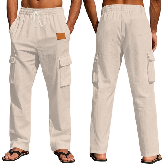 Mifsaly Linen Cargo Pants Men Summer Wide Leg Lightweight Summer Beach Trousers with Multi Pockets Elastic Waist Drawstring Breathable Cotton Tracksuit Bottoms XXXL