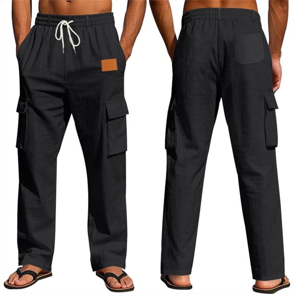 Mifsaly Linen Cargo Pants Men Summer Wide Leg Lightweight Summer Beach Trousers with Multi Pockets Elastic Waist Drawstring Breathable Cotton Tracksuit Bottoms XL