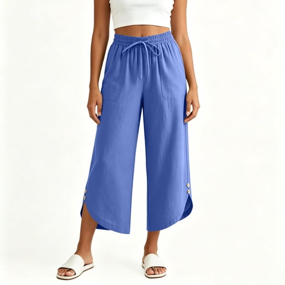Mifsaly Linen Cropped Pants Women Button Hem Drawstring Wide Leg Capris Lightweight Flowy Casual Summer Beach Vacation Clothes with Pockets Blue,S