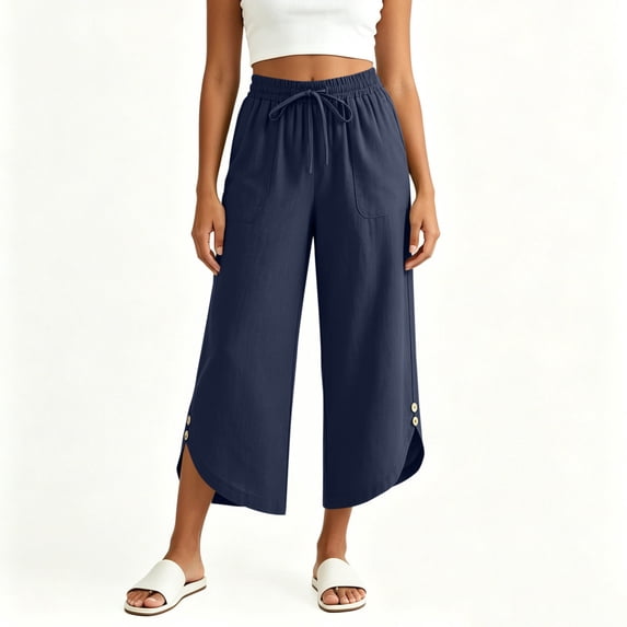 Mifsaly Linen Cropped Pants Women Button Hem Drawstring Wide Leg Capris Lightweight Flowy Casual Summer Beach Vacation Clothes with Pockets Navy,XXL