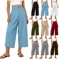 thumbnail image 1 of Mifsaly Linen Cropped Pants Women High Waisted Wide Leg Casual Summer Crop Pant Lightweight Flowy Work office Beach Vacation Outfits with Pockets Light Blue,L, 1 of 8
