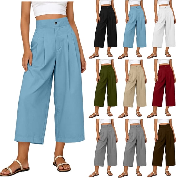 Mifsaly Linen Cropped Pants Women High Waisted Wide Leg Casual Summer Crop Pant Lightweight Flowy Work office Beach Vacation Outfits with Pockets Light Blue,L