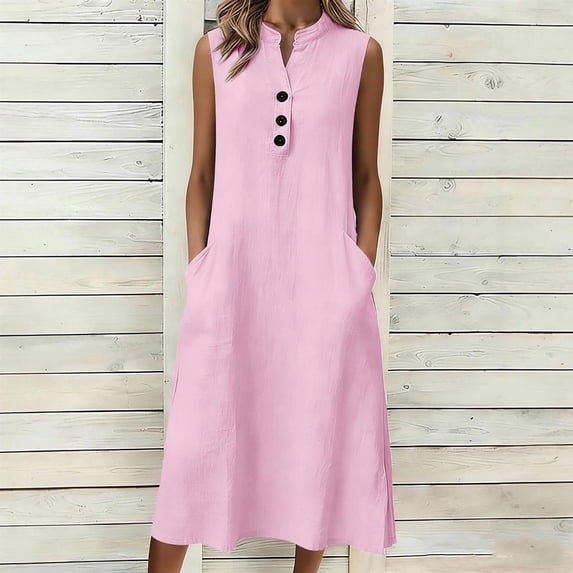 Mifsaly Linen Dress Women Button Front Midi Sleeveless Dresses Flowy Lightweight Casual Beach Vacation Sundresses with Pockets S