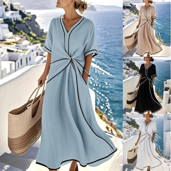 Mifsaly Linen Dress Women Short Sleeve Vacation Beach Wrap Dresses Lightweight Flowy Dressy Casual Maxi Spring Summer Clothing L