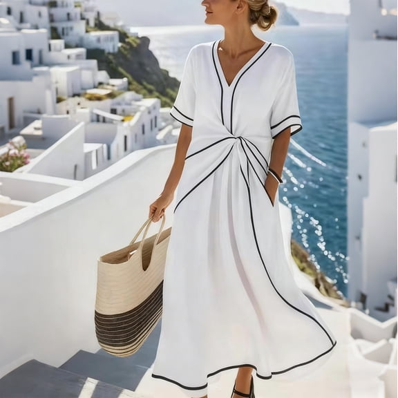 Mifsaly Linen Dress Women Short Sleeve Vacation Beach Wrap Dresses Lightweight Flowy Dressy Casual Maxi Spring Summer Clothing L