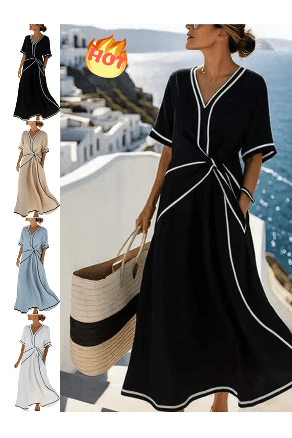 Linen Dress Women Short Sleeve Vacation Beach Wrap Dresses Lightweight Flowy Dressy Casual Maxi Spring Summer Clothing M