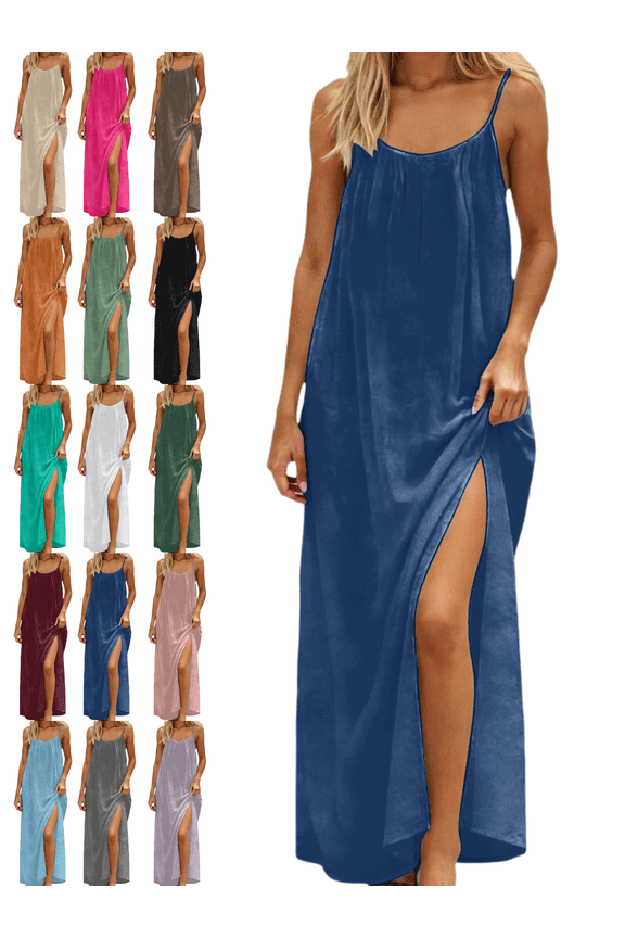 Linen Dress Women Spaghetti Straps Flowy Maxi Backless Dresses Lightweight Side Slit Back Drawstring Beach Sundresses Summer Cover Up Boho Clothes M