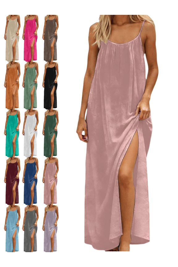 Linen Dress Women Spaghetti Straps Flowy Maxi Backless Dresses Lightweight Side Slit Back Drawstring Beach Sundresses Summer Cover Up Boho Clothes S